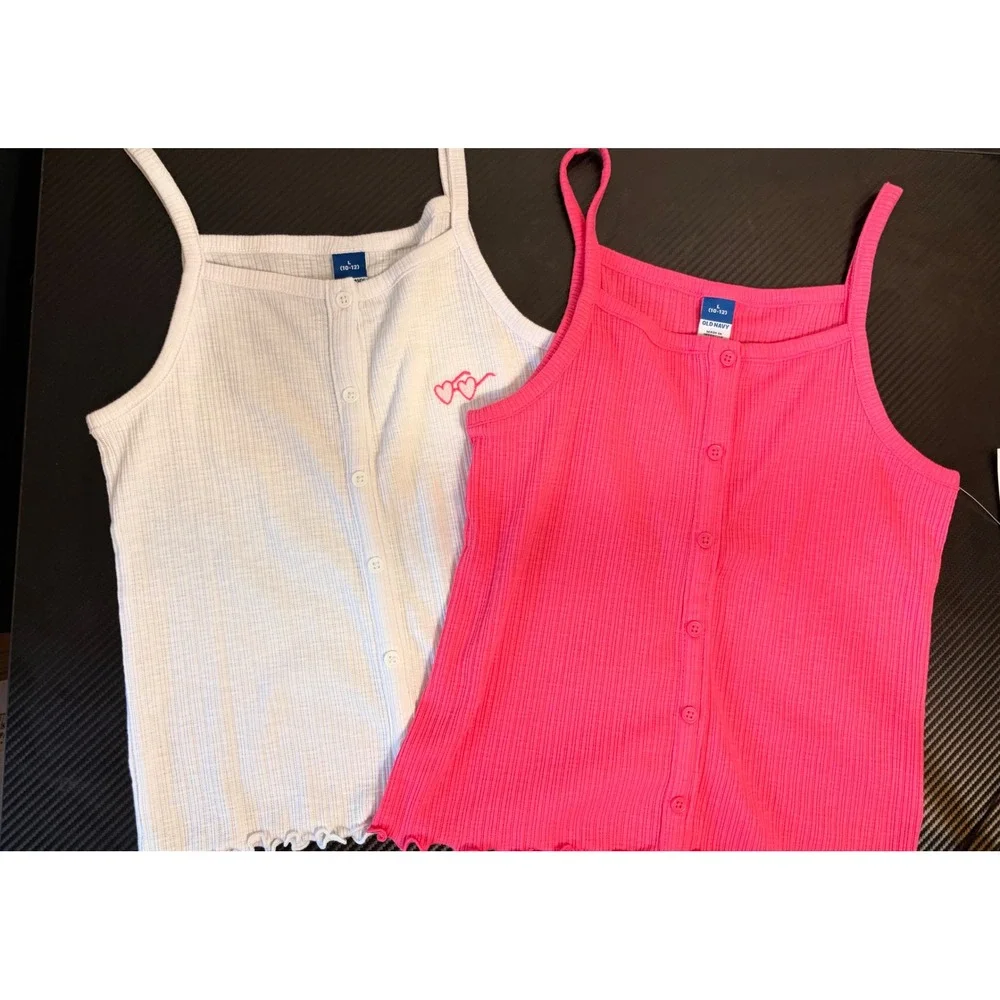 Old Navy Girls Rib-Knit Cami Tank Top 2-Pack Pink White Button Front Size L 10